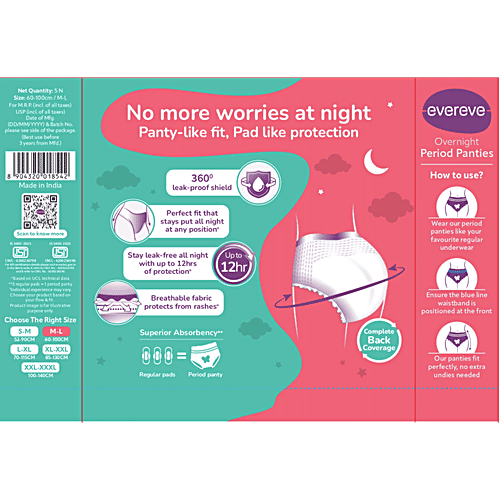 Evereve Overnight Period Panties, M-L, 5 pcs (Buy 1 Get 1 Free) Anti-Leak Coverage, Stain Protection