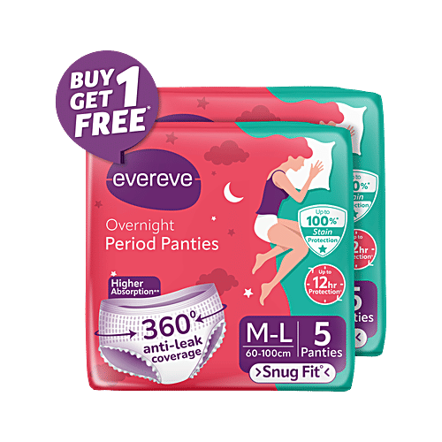 Evereve Overnight Period Panties, M-L, 5 pcs (Buy 1 Get 1 Free) Anti-Leak Coverage, Stain Protection