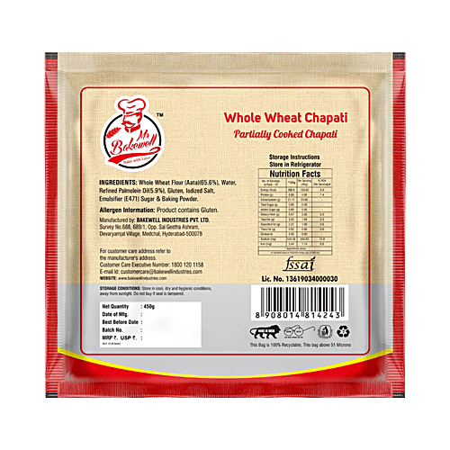 Mr Bakewell Whole Wheat Partially Cooked Chapati, 450 g Fibre Rich, Source of Protein, Trans Fat Free