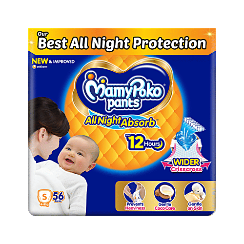 Mamypoko All Night Absorb Disposable Baby Diaper - Small, Ideal For 4-8 kg, 56 pcs Prevents Heaviness, Wider Crisscross Sheet, Up to 12 Hours Leakage Protection, Gentle Coco Care