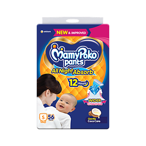 Mamypoko All Night Absorb Disposable Baby Diaper - Small, Ideal For 4-8 kg, 56 pcs Prevents Heaviness, Wider Crisscross Sheet, Up to 12 Hours Leakage Protection, Gentle Coco Care