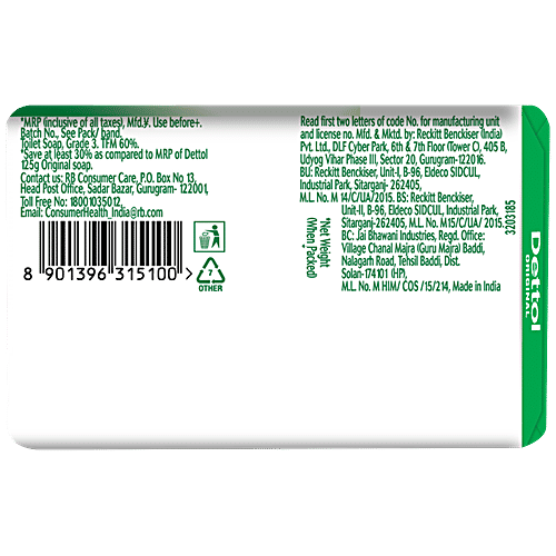 Dettol Bathing Soap Bar - Original, 99.99% Germ Protection, Dermatologically Tested, 42 g  