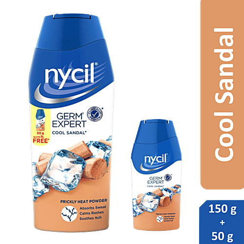 Nycil Germ Expert Prickly Heat Powder - Cool Sandal, 150 g (Get Cool Sandal 50g FREE) 