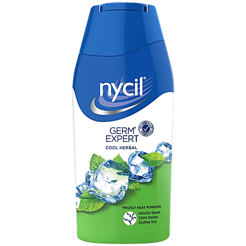 Nycil Germ Expert Prickly Heat Powder - Cool Herbal, 50 g Bottle Provides Relief From Skin Problems