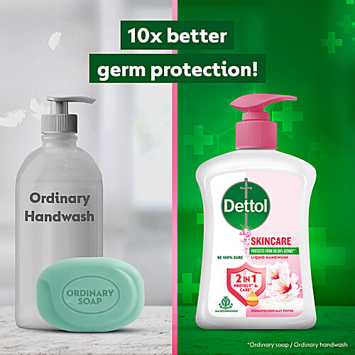 Dettol Skincare Liquid Handwash, 200 ml (Get Liquid Handwash, 175 ml Refill Pack Free) 10x Better Germ Protection