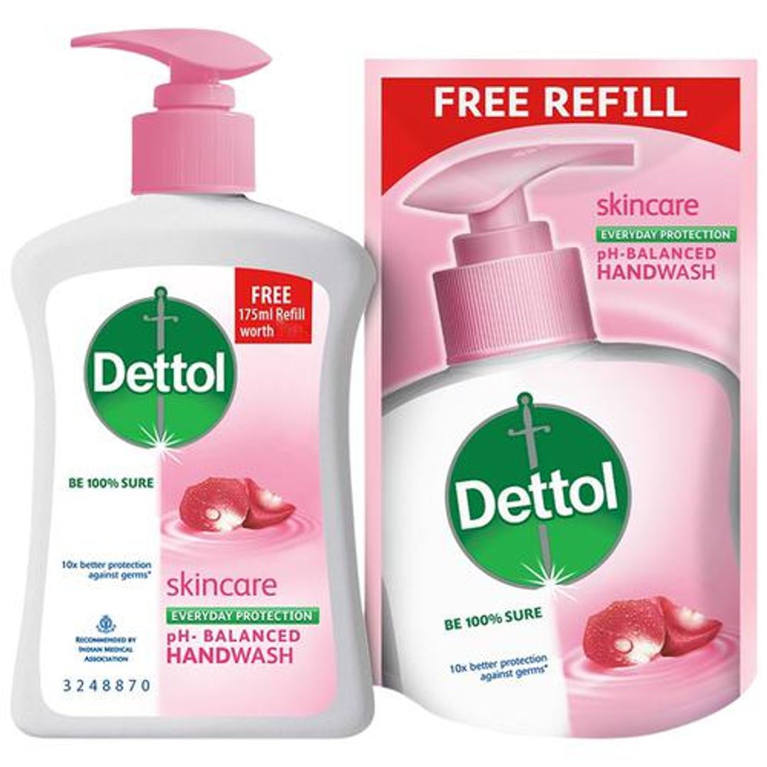 Dettol Skincare pH Balanced Liquid Handwash - 10x Better Germ Protection, 200 ml (Get 175 ml Refill Pack Free)
