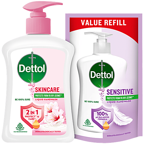 Dettol Skincare Liquid Handwash, 200 ml (Get Liquid Handwash, 175 ml Refill Pack Free) 10x Better Germ Protection