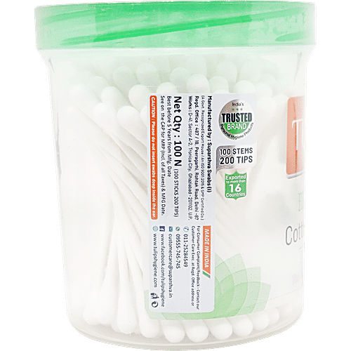 Tulips Eco - Friendly Cotton Ear Buds/Swabs In A PP Jar, 100 pcs Polypack Untouched By Hands