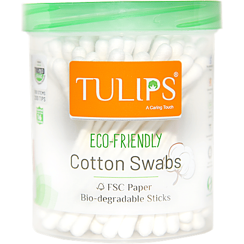 Tulips Eco - Friendly Cotton Ear Buds/Swabs In A PP Jar, 100 pcs Polypack Untouched By Hands