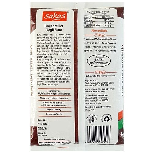 Sakas Flour - Finger Millet (Raagi), 500 g Carton Rich In Protein