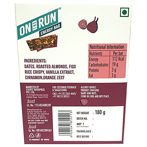 On The Run Energy Bars - Fig & Date, 180 g (Pack of 6) 
