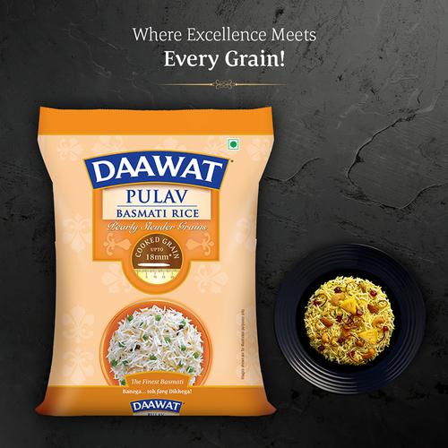 Daawat Basmati Rice/Basmati Akki - Pulav, 5 kg Pouch Pearly Slender Grains, Cooked up to 18mm, Zero Cholesterol & Zero Trans Fat