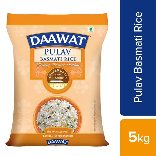 Daawat Basmati Rice/Basmati Akki - Pulav, 5 kg Pouch Pearly Slender Grains, Cooked up to 18mm, Zero Cholesterol & Zero Trans Fat