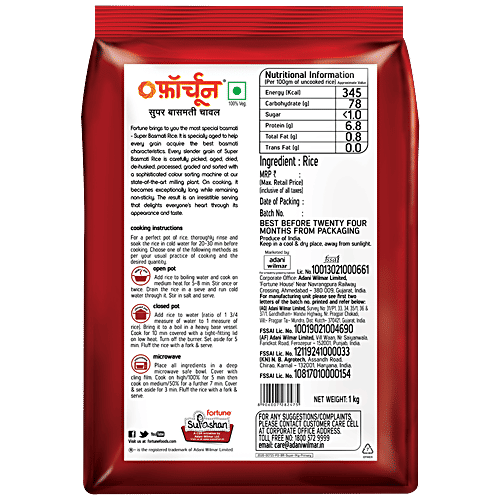 Fortune Super Basmati Rice, 1 kg Pouch Aged To Perfection
