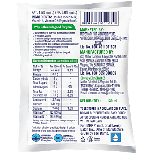 Buy Mother Dairy Milk Live Lite 130 Ml Pouch Online at the Best Price