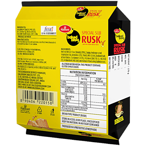 Haldiram's Suji Rusk - Del, 275 g Pouch Baked Bites, Light & Crispy