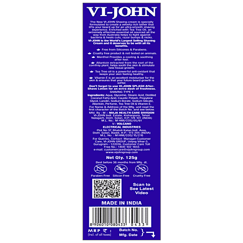 VI-JOHN  Shaving Cream Classic, 125 g Carton Free from Silicones & Parabens