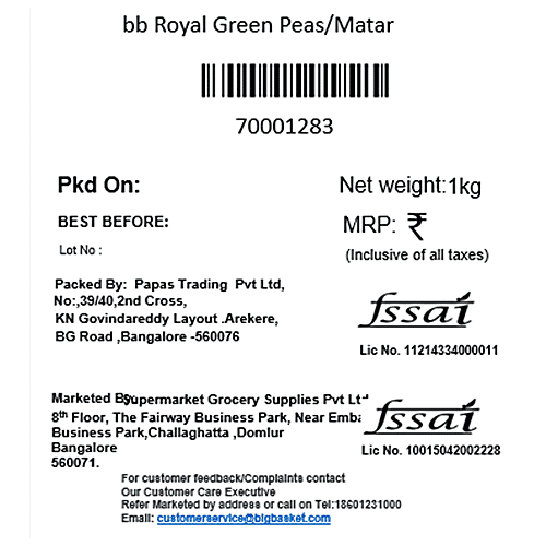 bb Royal Green Peas/Hara Matar, 1 kg Pouch 