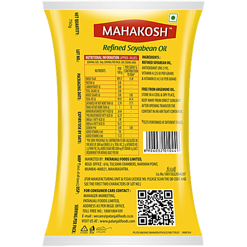 Mahakosh Refined Soyabean Oil, 750 g Pouch Contains PUFA, Vitamin A & D