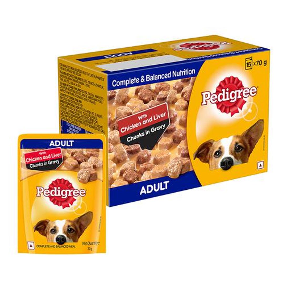 Pedigree Adult Gravy Dog Food - Chicken & Liver Chunks In Gravy, 70 g (Pack of 15)