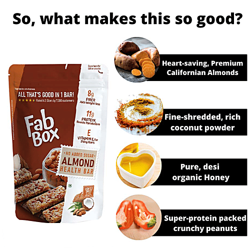 Fabbox Almond Health Bar - No Added Sugar, Weight Management, Healthy Snack, Vegan, 120 g  High Protein, Gluten Free, No Transfats