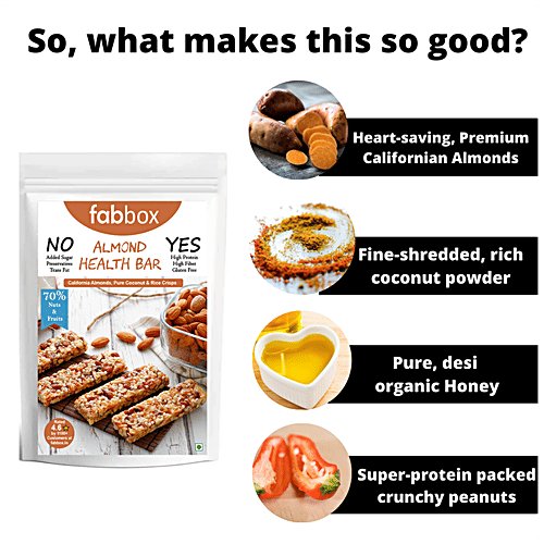 Fabbox Almond Health Bar - No Added Sugar, Weight Management, Healthy Snack, Vegan, 120 g  High Protein, Gluten Free, No Transfats