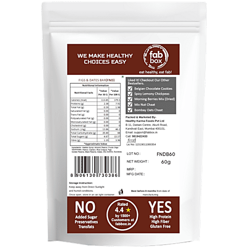 Fabbox Figs & Dates Health Bar - No Added Sugar, Vegan, Weight Management,Healthy Snack, 60 g  High Protein, Gluten Free, No Transfats