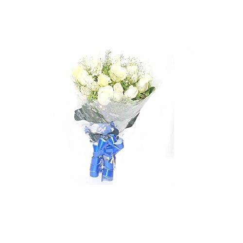 Blooms & Bouquets Flower Bouquet - White Rose Bunched With A Blue Ribbon, 1 pc  