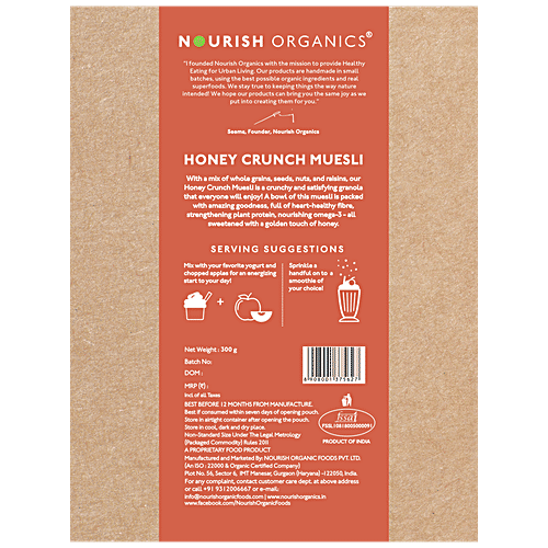 Nourish Organics Honey Crunch Muesli, 300 g  No Added Sugar, High Fibre