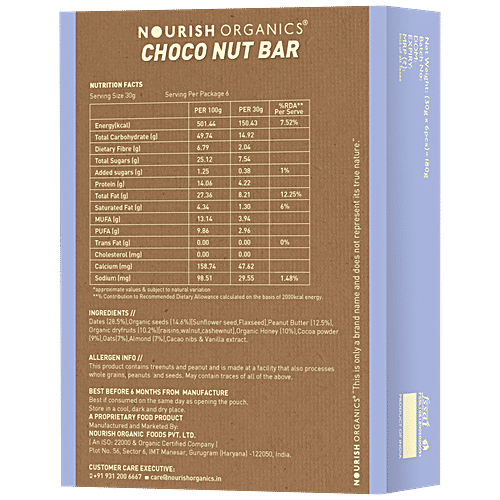 Nourish Organics Endurance - Choco Nut Bar, With Peanut Butter, Rich In Antioxidants, Wheat Free, 30 g (Pack of 6) No Added Sugar & Wheat Free