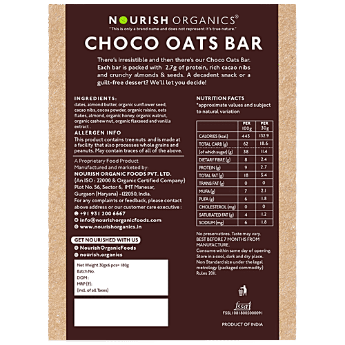 Nourish Organics Endurance - Choco Nut Bar, With Peanut Butter, Rich In Antioxidants, Wheat Free, 30 g (Pack of 6) No Added Sugar & Wheat Free