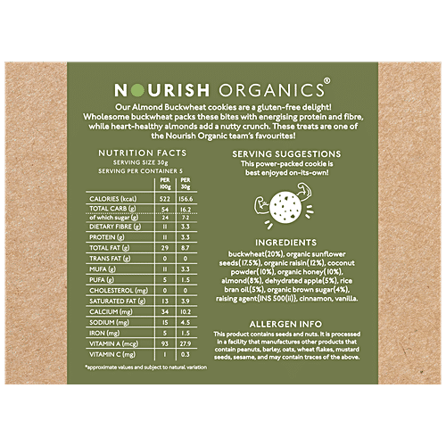 Nourish Organics Almond Buckwheat Cookies - Rich In Fibre & Protein, Gluten-Free, 125 g  Rich in Fibre & High in Protein