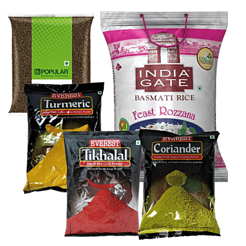bb Combo Staples Essential 2 Whole Cumin + Turmeric, Green Coriander & Chilli Powder + Basmati Rice, Combo 5 Items 
