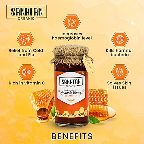 Sanatan Organic Eucalyptus Honey, 250 g Bottle Raw & Unprocessed, cures cold flu with Antioxidant nature