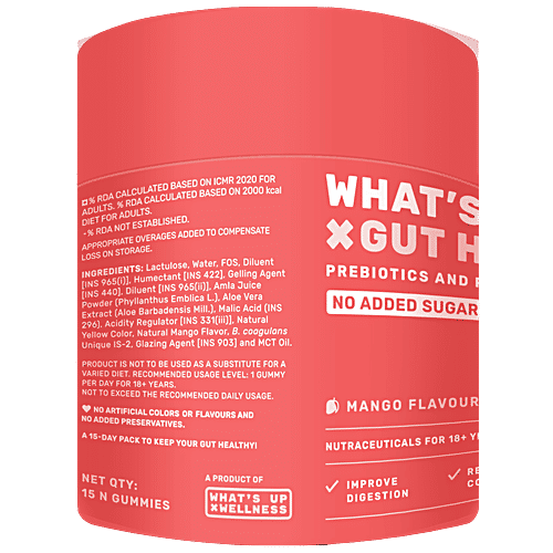 Whats Up Wellness X Gut Health Mango Flavour Prebiotics & Probiotics Gummies, 15 pcs No Added Sugar, Gluten Free, Reduce Constipation, Strengthen Immunity