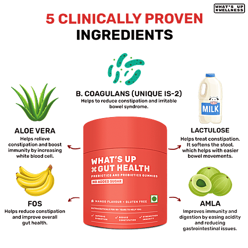 Whats Up Wellness X Gut Health Mango Flavour Prebiotics & Probiotics Gummies, 15 pcs No Added Sugar, Gluten Free, Reduce Constipation, Strengthen Immunity