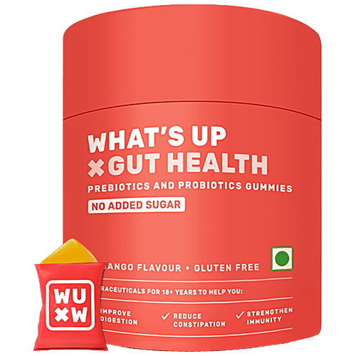 Whats Up Wellness X Gut Health Mango Flavour Prebiotics & Probiotics Gummies, 15 pcs No Added Sugar, Gluten Free, Reduce Constipation, Strengthen Immunity