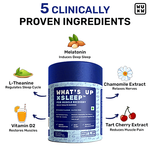 Whats Up Wellness X Sleep Mango Flavour Daily Health Gummies, 30 pcs  Gluten Free, Deep Sleep, Muscle Relaxation