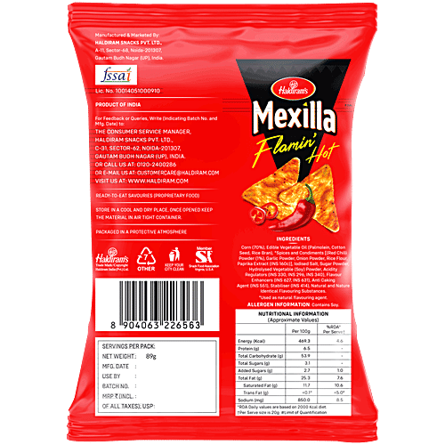 Haldiram's Mexilla Flamin' Hot Sizzling Spicy Tortilla Chips, 89 g  