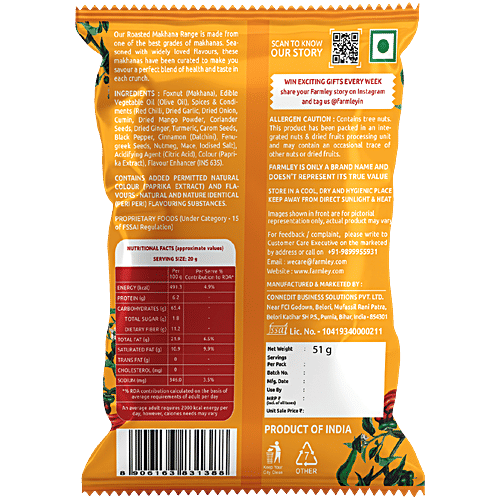 Farmley Peri Peri Roasted Makhana, 51 g  Roasted in Olive Oil, 6% Plant Protein, Cholesterol Free