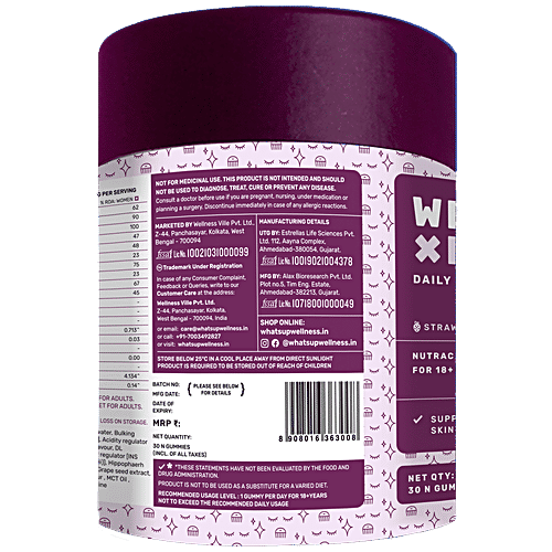 Whats Up Wellness X Beauty Strawberry Flavour Daily Health Gummies, 30 pcs No Added Sugar, Gluten Free, Less Hairfall, Strong Nails