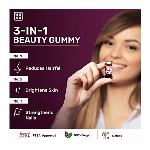 Whats Up Wellness X Beauty Strawberry Flavour Daily Health Gummies, 30 pcs No Added Sugar, Gluten Free, Less Hairfall, Strong Nails