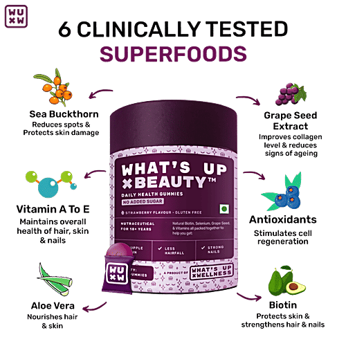 Whats Up Wellness X Beauty Strawberry Flavour Daily Health Gummies, 30 pcs No Added Sugar, Gluten Free, Less Hairfall, Strong Nails