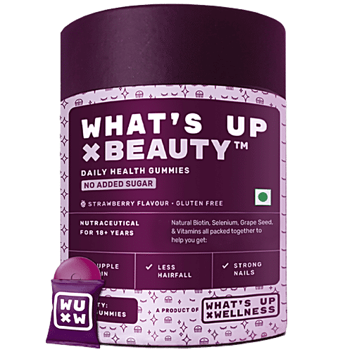 Whats Up Wellness X Beauty Strawberry Flavour Daily Health Gummies, 30 pcs No Added Sugar, Gluten Free, Less Hairfall, Strong Nails