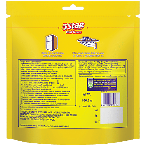 Cadbury 5 Star Mini Treats Chocolate Bars, 166.6 g (17 x 9.8 g) Family Pack, Bite-Sized Pieces, Indulge in a Chocolatey Delight