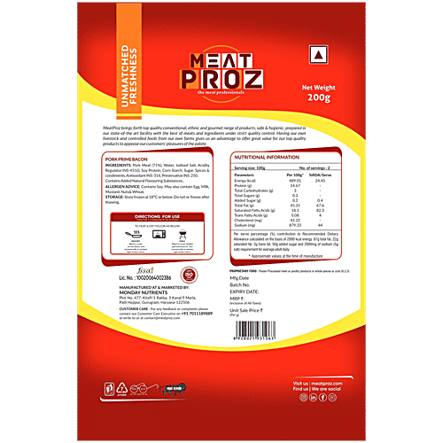 Meat Proz Pork Prime Bacon - Fully Cooked, 200 g Pouch