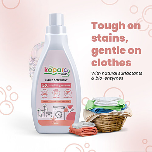 Koparo Clean Laundry Liquid Detergent, Fresh Cotton Lily & Vanilla Fragrance, Top Load & Front Load Machine, 900 ml Bottle With Natural Surfactants & Bio Enzymes