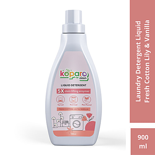Koparo Clean Laundry Liquid Detergent, Fresh Cotton Lily & Vanilla Fragrance, Top Load & Front Load Machine, 900 ml Bottle With Natural Surfactants & Bio Enzymes