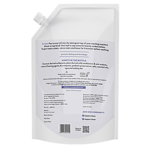 Koparo Clean Laundry Liquid Detergent, Lavender Fragrance, Top Load & Front Load Machine, 2 L Pouch With Natural Surfactants & Bio Enzymes