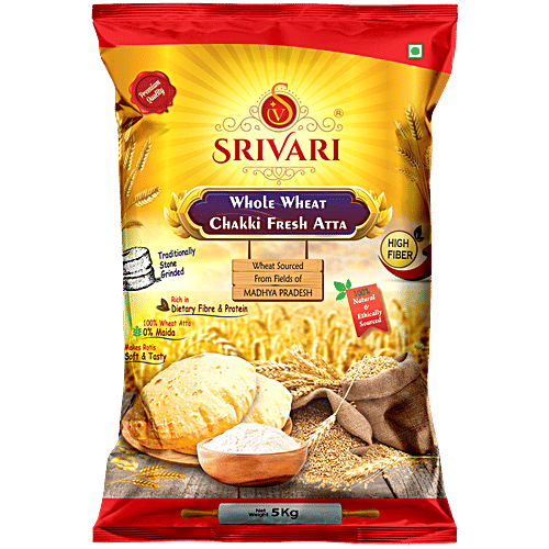 Srivari Whole Wheat Chakki Fresh Atta, 5 kg Pouch 0% Protein, Dietrary Fibre, Protein, High Fibre